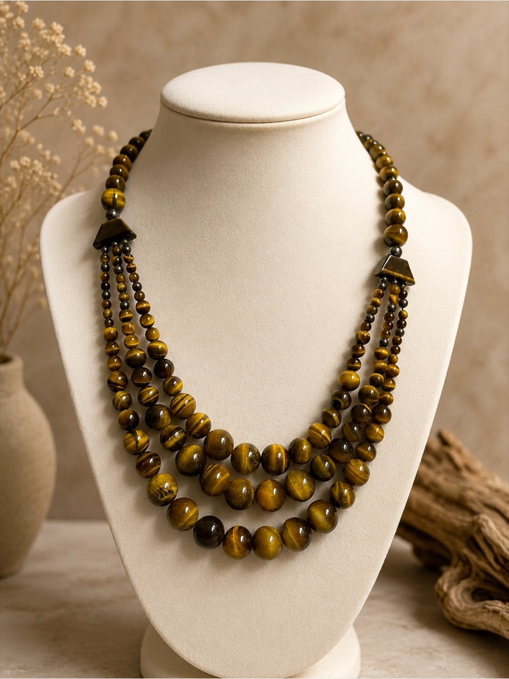 Genuine Tiger’s Eye Hematite 3 Strand Graduated Sterling Silver Necklace 18-20”